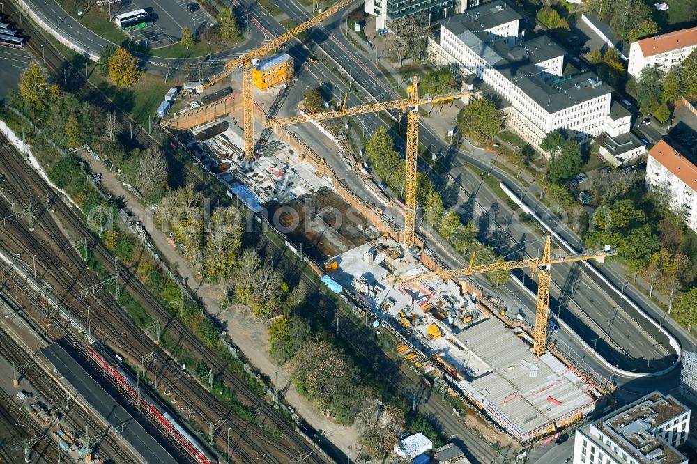 Aerial image Dresden - Construction site for the new building a major project with a hotel, a shopping mall and an office building on Ammonstrasse in Dresden in the state Saxony, Germany