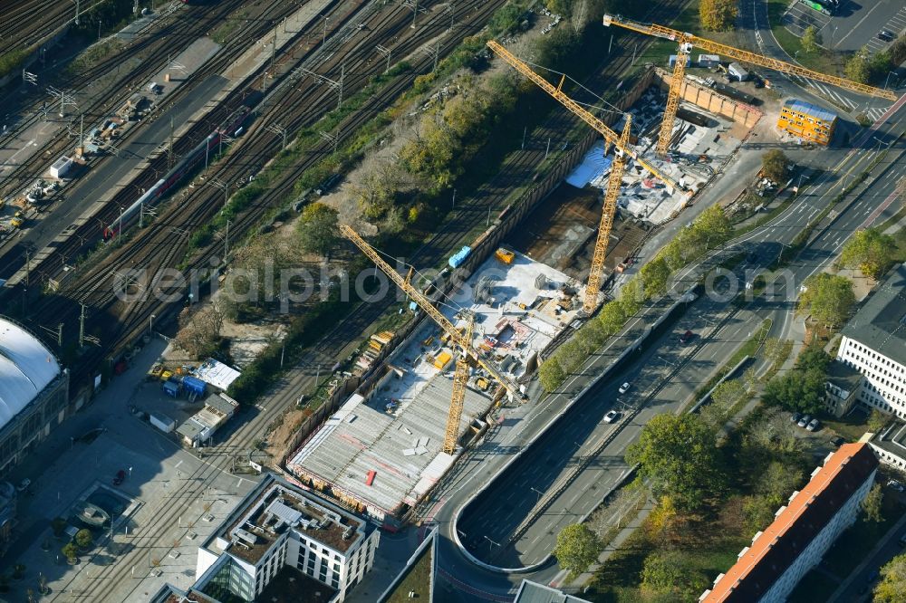 Aerial photograph Dresden - Construction site for the new building a major project with a hotel, a shopping mall and an office building on Ammonstrasse in Dresden in the state Saxony, Germany