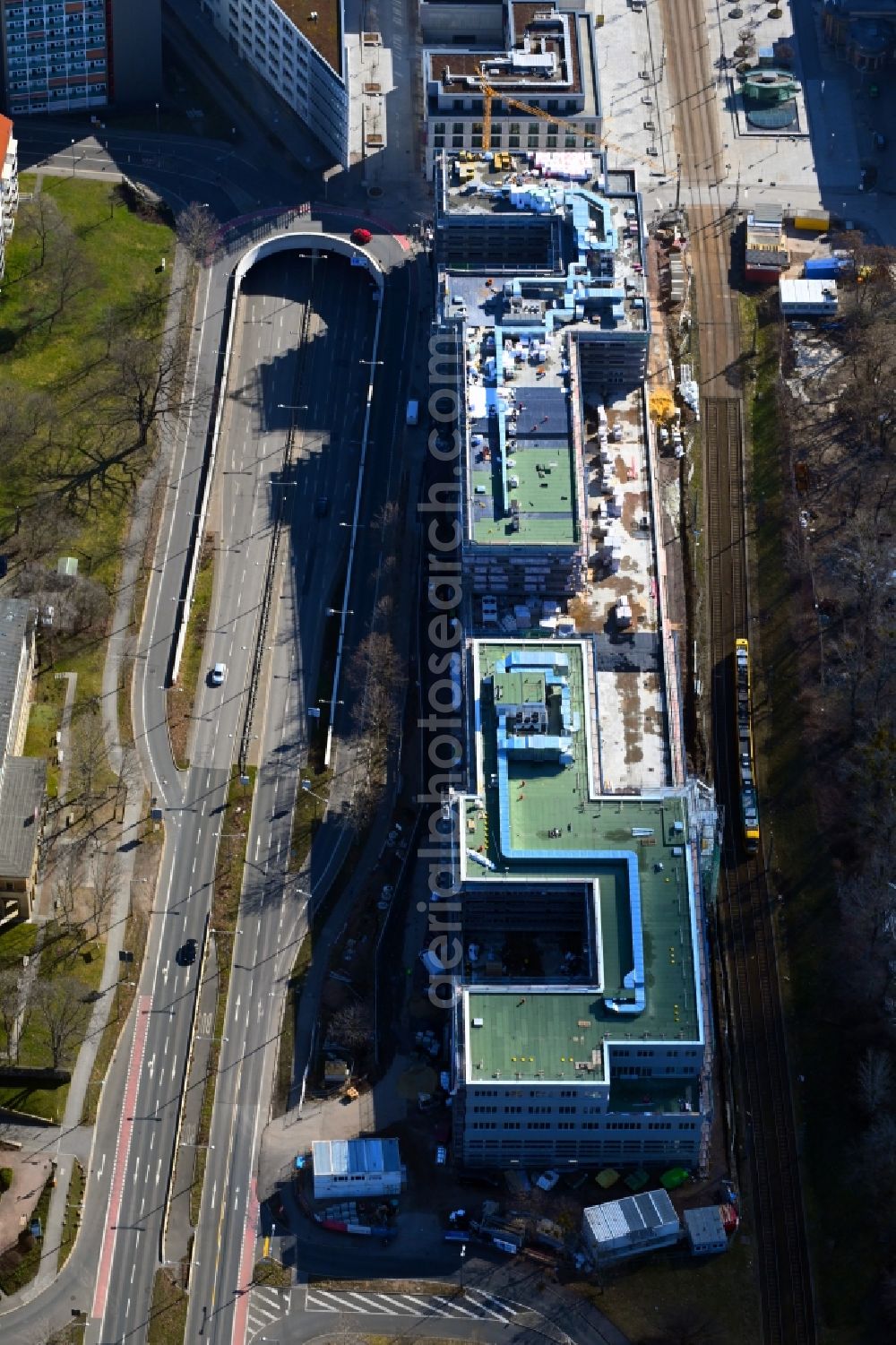 Aerial image Dresden - Construction site for the new building a major project with a hotel, a shopping mall and an office building on Ammonstrasse in Dresden in the state Saxony, Germany