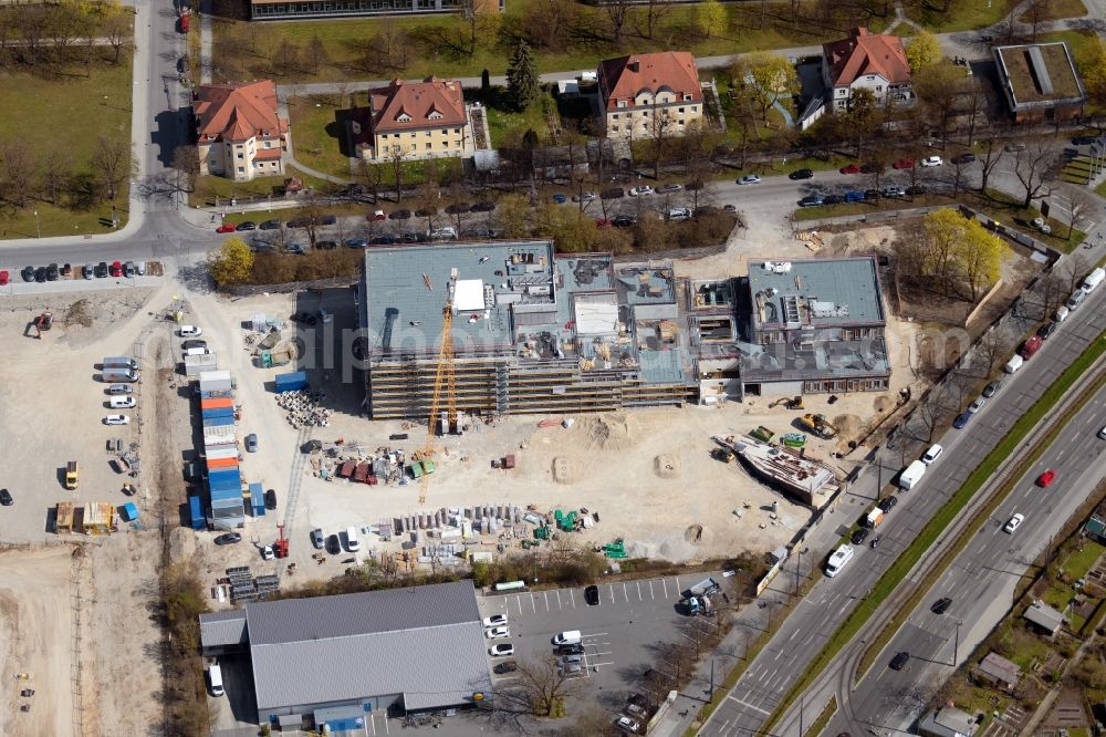 München from above - New construction site of the school building on Emmy-Noether-Strasse in the district Moosach in Munich in the state Bavaria, Germany