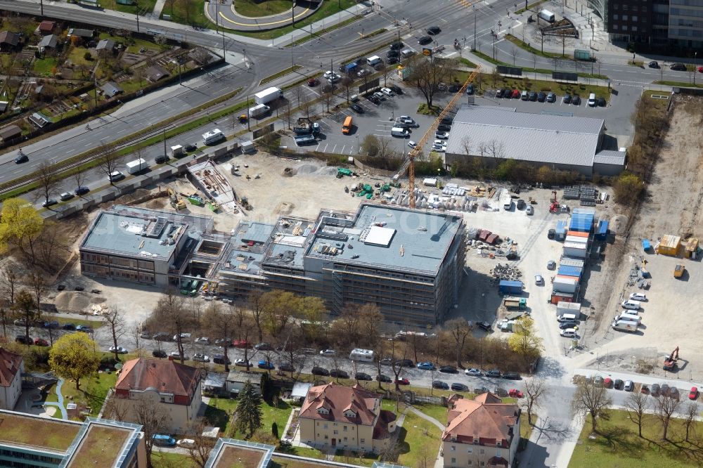 München from the bird's eye view: New construction site of the school building on Emmy-Noether-Strasse in the district Moosach in Munich in the state Bavaria, Germany