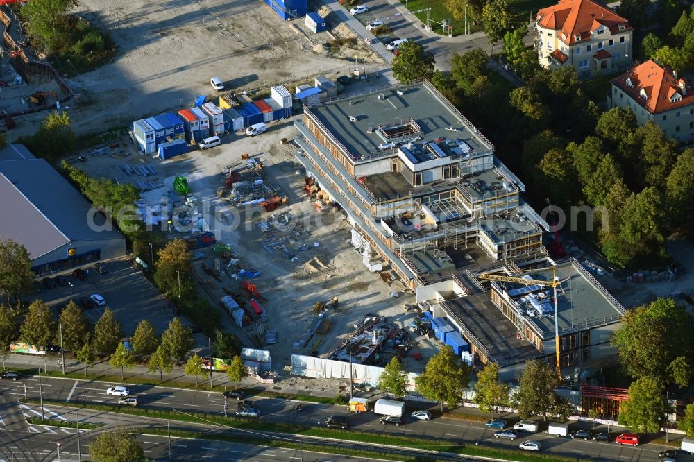 München from above - New construction site of the school building on Emmy-Noether-Strasse in the district Moosach in Munich in the state Bavaria, Germany