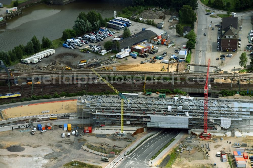 Aerial image Hamburg - Construction site for the train stop Elbbruecken of the subway line 4 in Hamburg, Germany