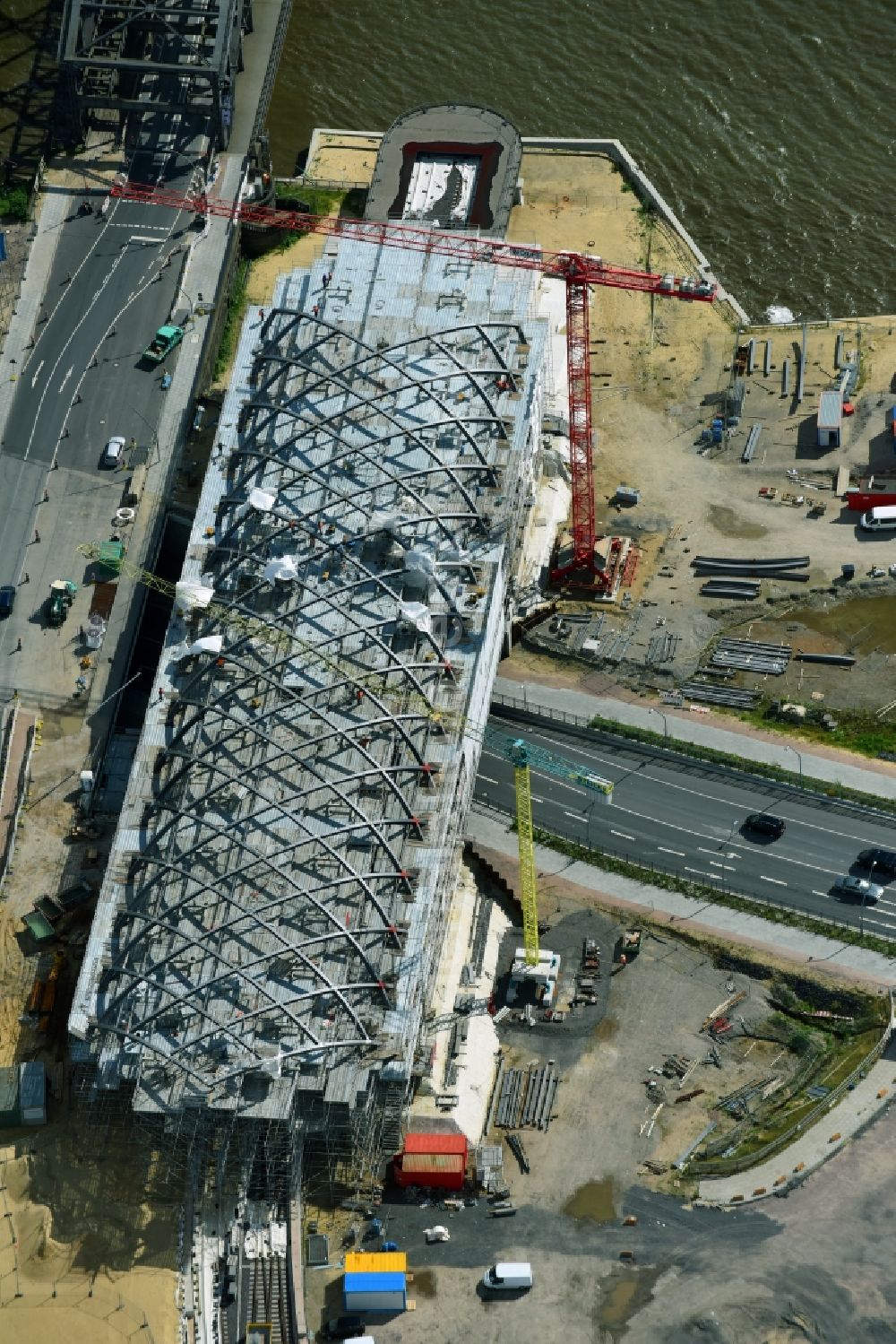 Aerial image Hamburg - Construction site for the train stop Elbbruecken of the subway line 4 in Hamburg, Germany