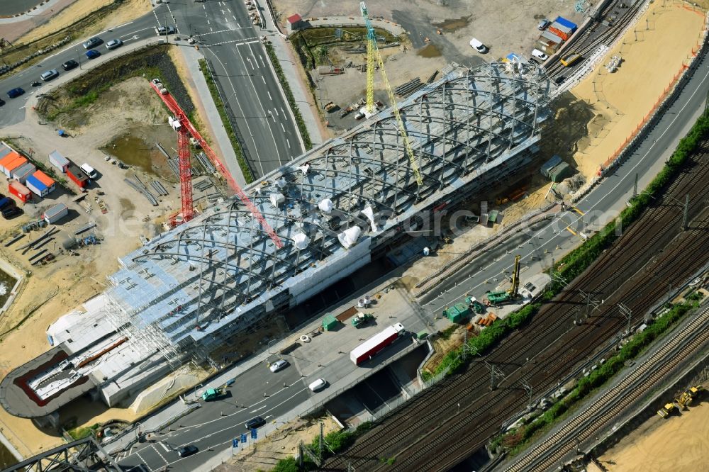 Aerial image Hamburg - Construction site for the train stop Elbbruecken of the subway line 4 in Hamburg, Germany