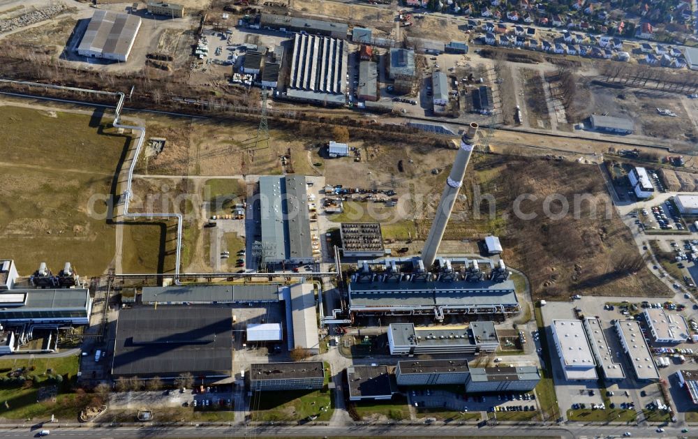 Aerial image Berlin - Construction site of power plants and exhaust towers of thermal power station - Kraft-Waerme-Kopplungsanlage on Rhinstrasse in the district Marzahn in Berlin, Germany