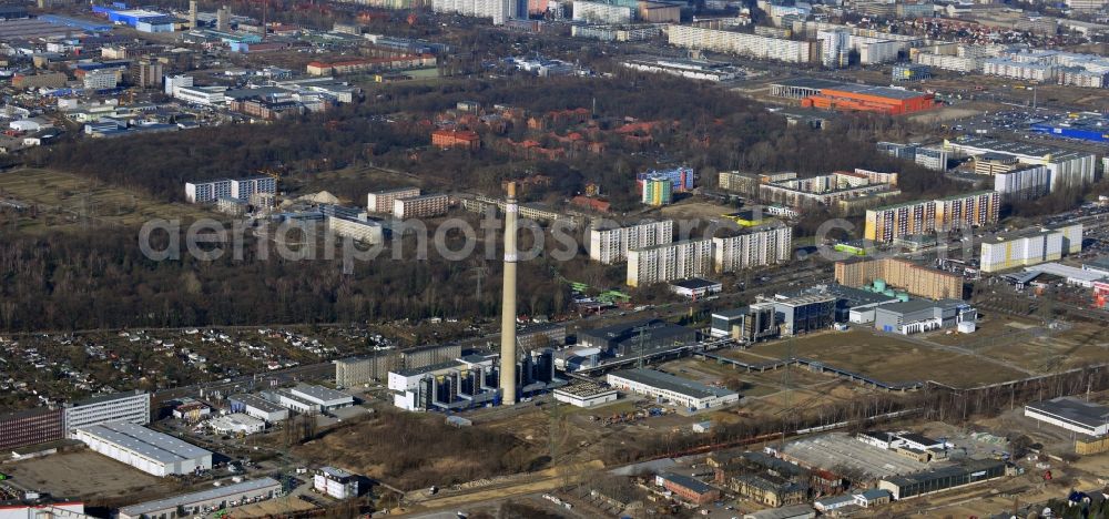 Aerial image Berlin - Construction site of power plants and exhaust towers of thermal power station - Kraft-Waerme-Kopplungsanlage on Rhinstrasse in the district Marzahn in Berlin, Germany