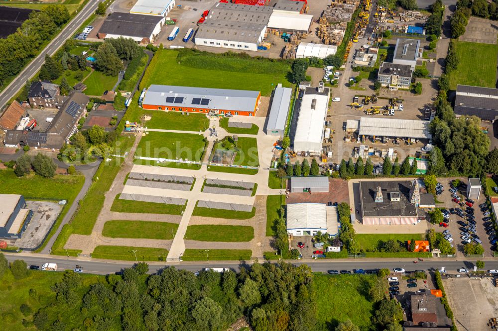 Hamm from the bird's eye view: Construction site for the new construction of a Hindu temple complex for the Hindu community in Germany on Siegenbeckstrasse in the district of Uentrop in Hamm in the Ruhr area in the state North Rhine-Westphalia, Germany