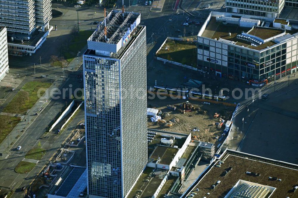 Aerial image Berlin - Construction site for new high-rise building complex on Alexanderplatz in the district Mitte in Berlin, Germany