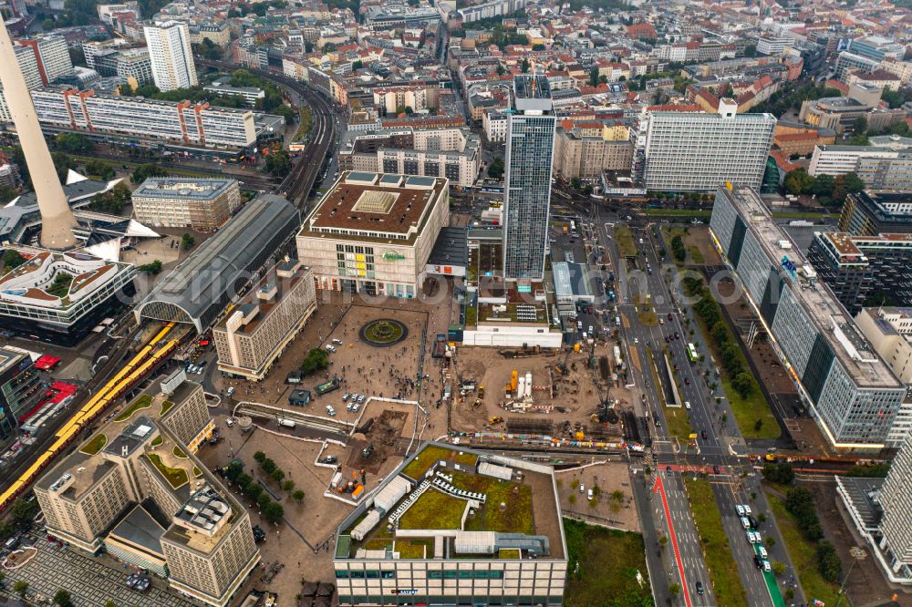 Berlin from above - Construction site for the new construction of the high-rise building complex ALX (also called twin towers) of the twin towers at Alexanderplatz on Alexanderstrasse in the Mitte district in Berlin, Germany