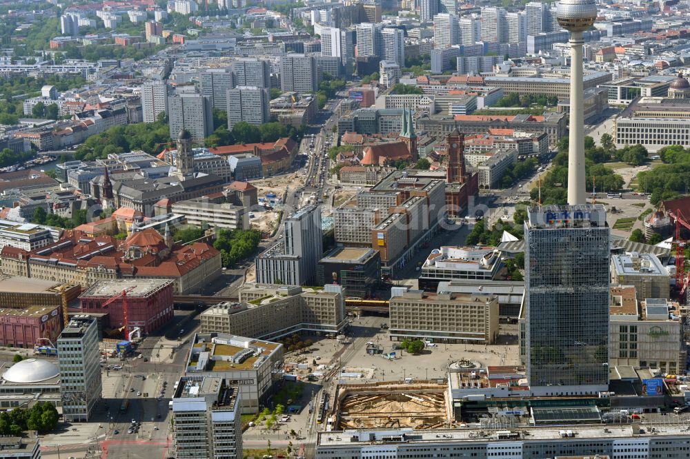 Berlin from above - Construction site for the new construction of the high-rise building complex ALX (also called twin towers) of the twin towers at Alexanderplatz on Alexanderstrasse in the Mitte district in Berlin, Germany