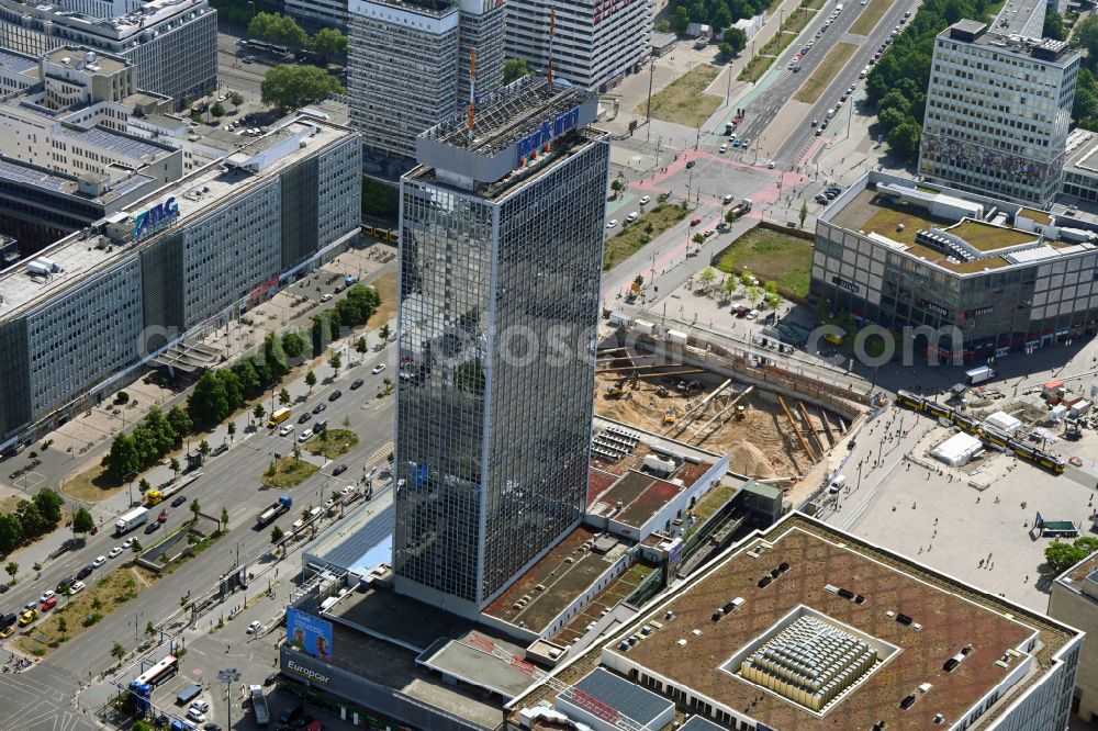 Berlin from above - Construction site for the new construction of the high-rise building complex ALX (also called twin towers) of the twin towers at Alexanderplatz on Alexanderstrasse in the Mitte district in Berlin, Germany