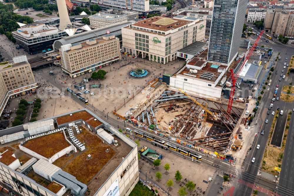 Berlin from the bird's eye view: Construction site for the new construction of the high-rise building complex ALX (also called twin towers) of the twin towers at Alexanderplatz on Alexanderstrasse in the Mitte district in Berlin, Germany