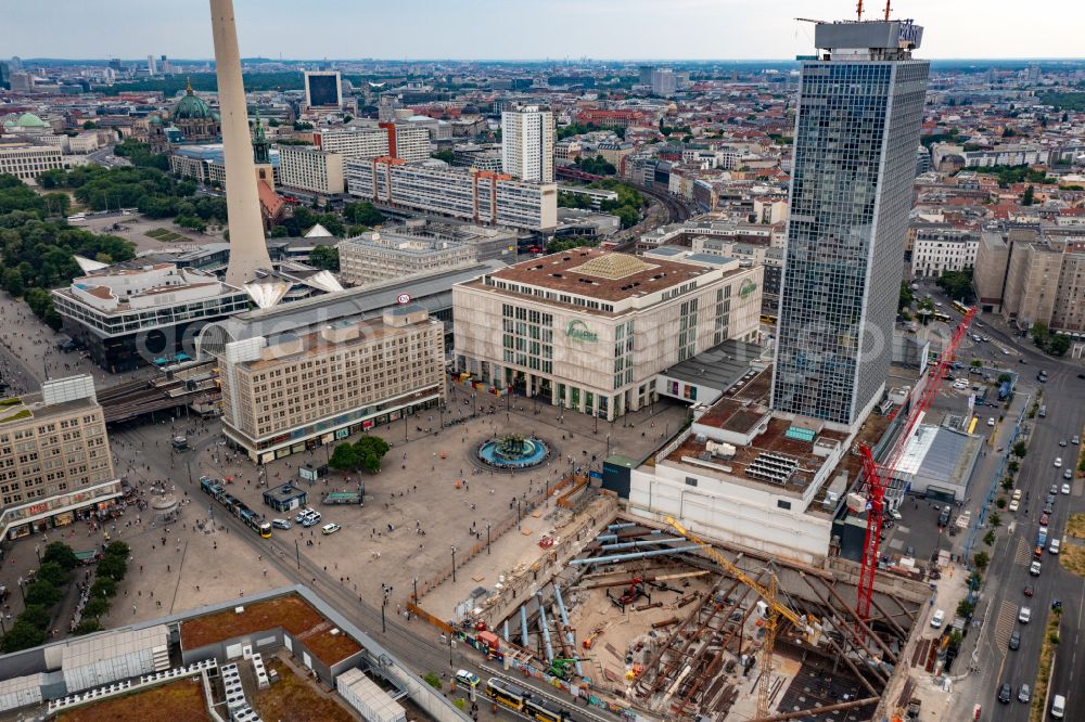 Aerial image Berlin - Construction site for the new construction of the high-rise building complex ALX (also called twin towers) of the twin towers at Alexanderplatz on Alexanderstrasse in the Mitte district in Berlin, Germany