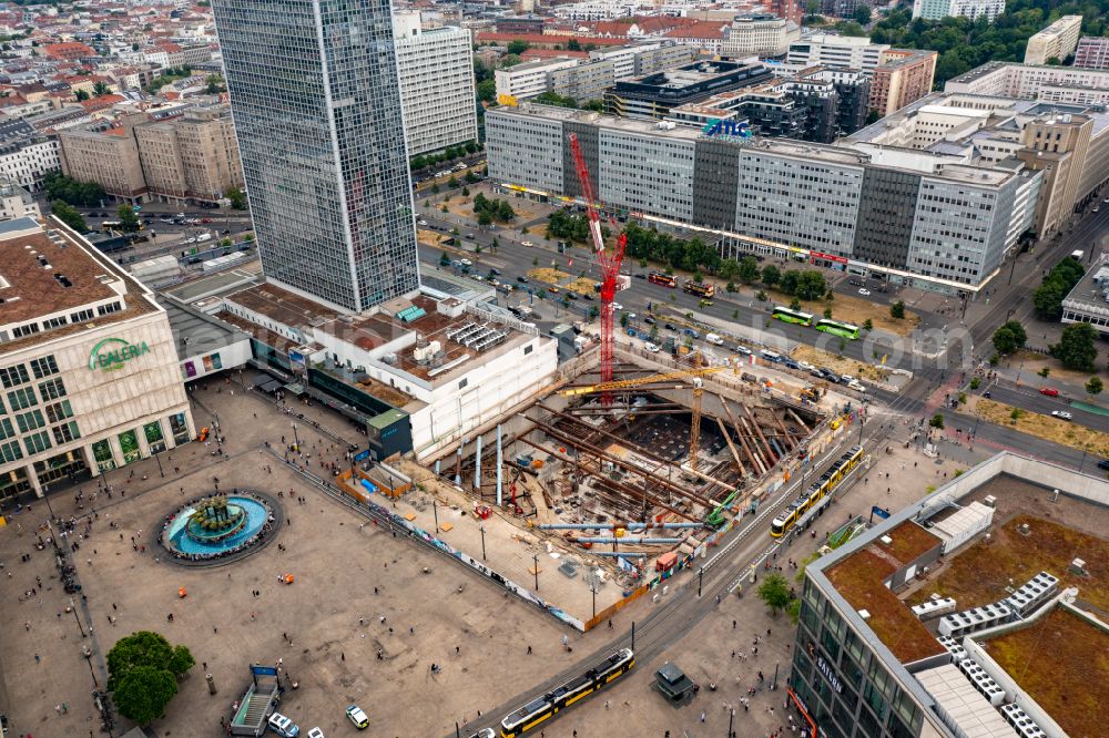 Berlin from the bird's eye view: Construction site for the new construction of the high-rise building complex ALX (also called twin towers) of the twin towers at Alexanderplatz on Alexanderstrasse in the Mitte district in Berlin, Germany