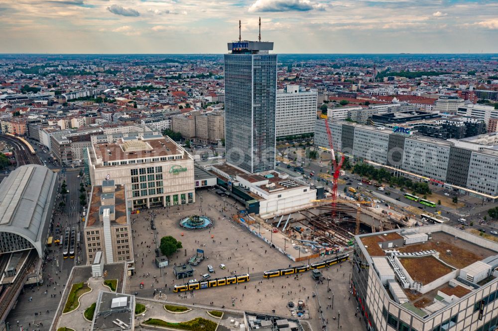 Aerial image Berlin - Construction site for the new construction of the high-rise building complex ALX (also called twin towers) of the twin towers at Alexanderplatz on Alexanderstrasse in the Mitte district in Berlin, Germany