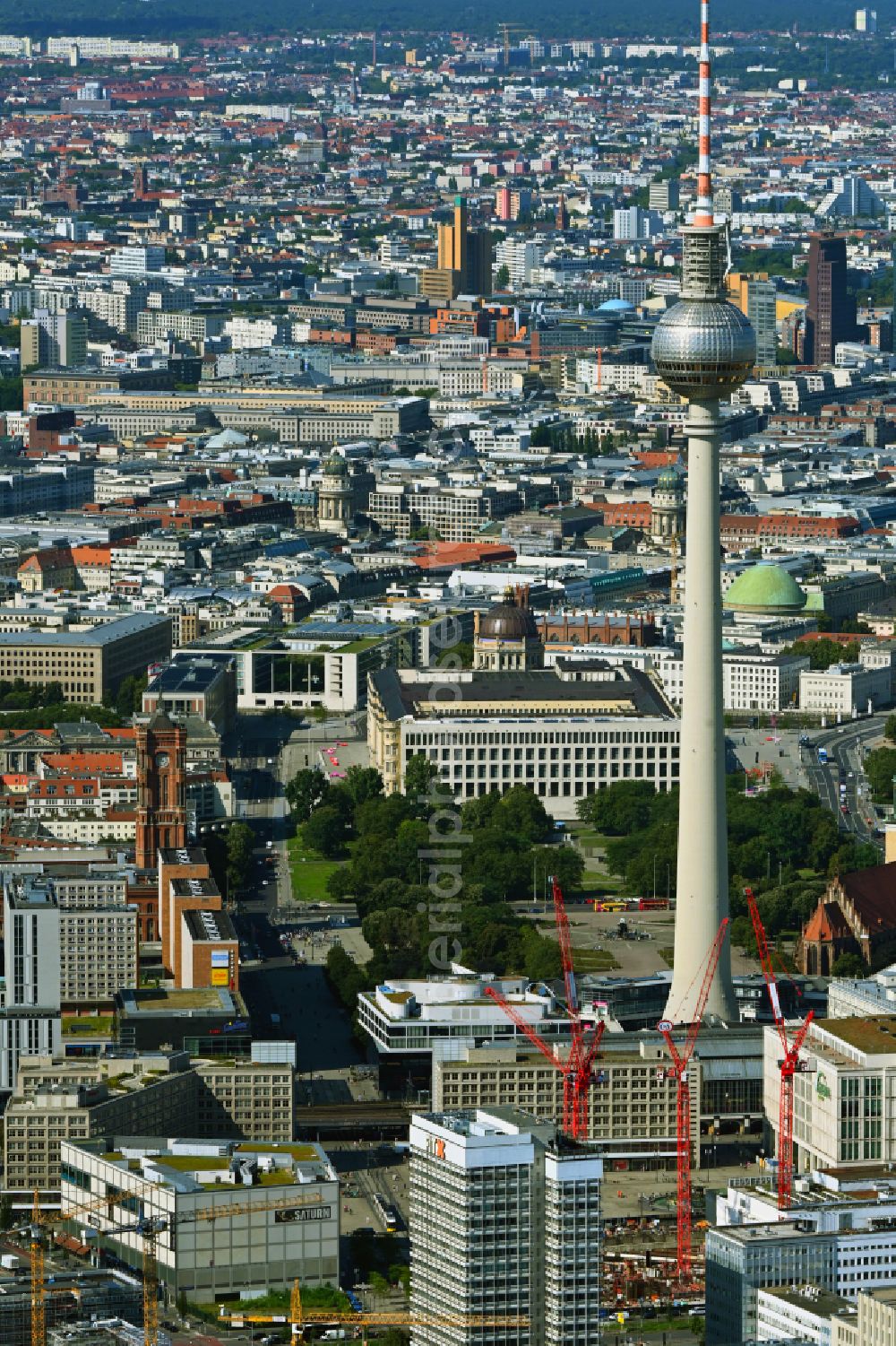 Berlin from above - Construction site for the new construction of the high-rise building complex ALX (also called twin towers) of the twin towers at Alexanderplatz on Alexanderstrasse in the Mitte district in Berlin, Germany