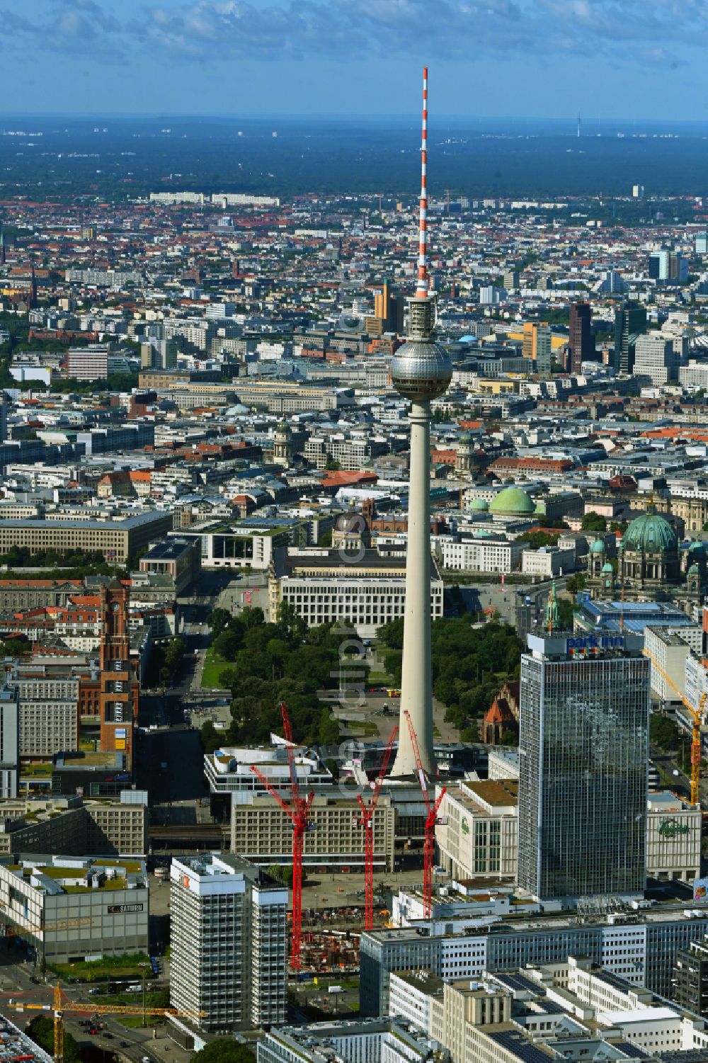 Berlin from the bird's eye view: Construction site for the new construction of the high-rise building complex ALX (also called twin towers) of the twin towers at Alexanderplatz on Alexanderstrasse in the Mitte district in Berlin, Germany