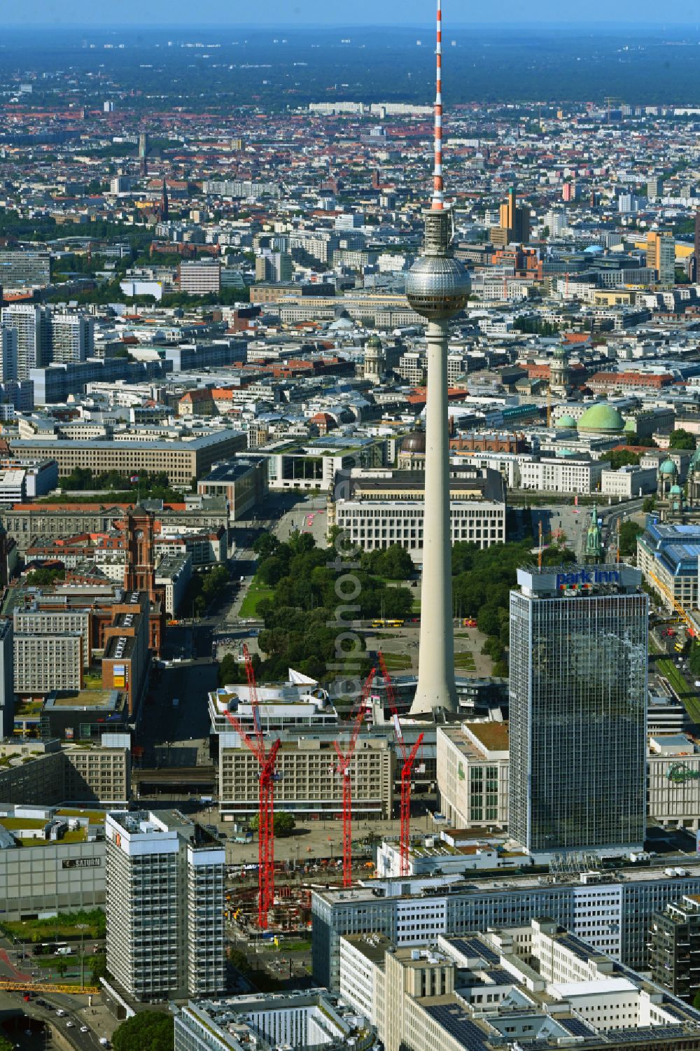 Aerial image Berlin - Construction site for the new construction of the high-rise building complex ALX (also called twin towers) of the twin towers at Alexanderplatz on Alexanderstrasse in the Mitte district in Berlin, Germany