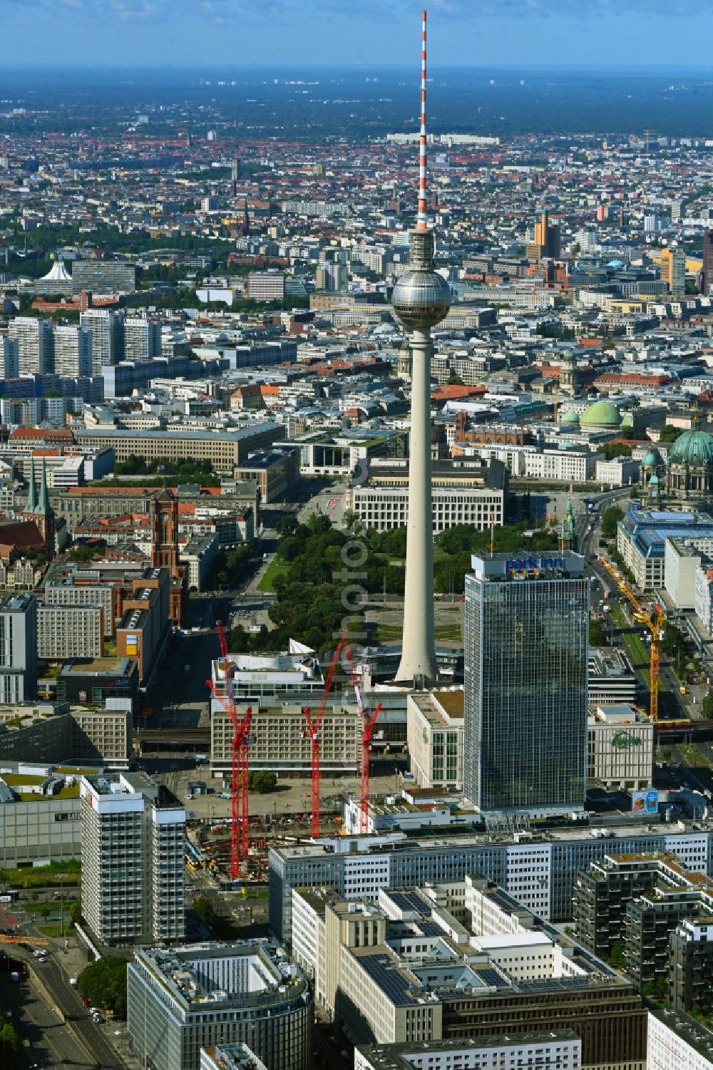 Aerial photograph Berlin - Construction site for the new construction of the high-rise building complex ALX (also called twin towers) of the twin towers at Alexanderplatz on Alexanderstrasse in the Mitte district in Berlin, Germany