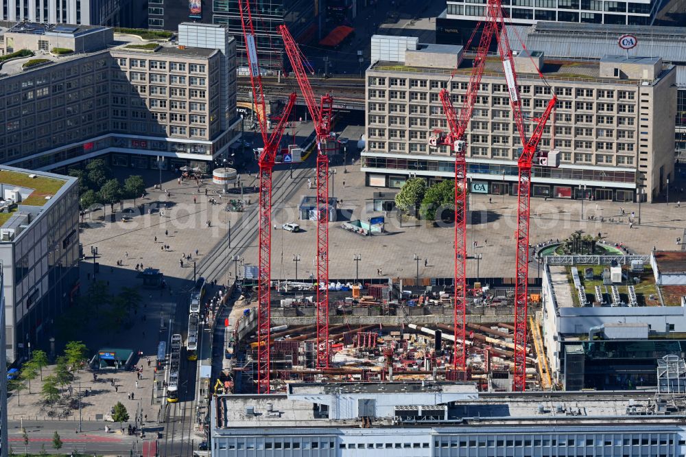 Berlin from above - Construction site for the new construction of the high-rise building complex ALX (also called twin towers) of the twin towers at Alexanderplatz on Alexanderstrasse in the Mitte district in Berlin, Germany