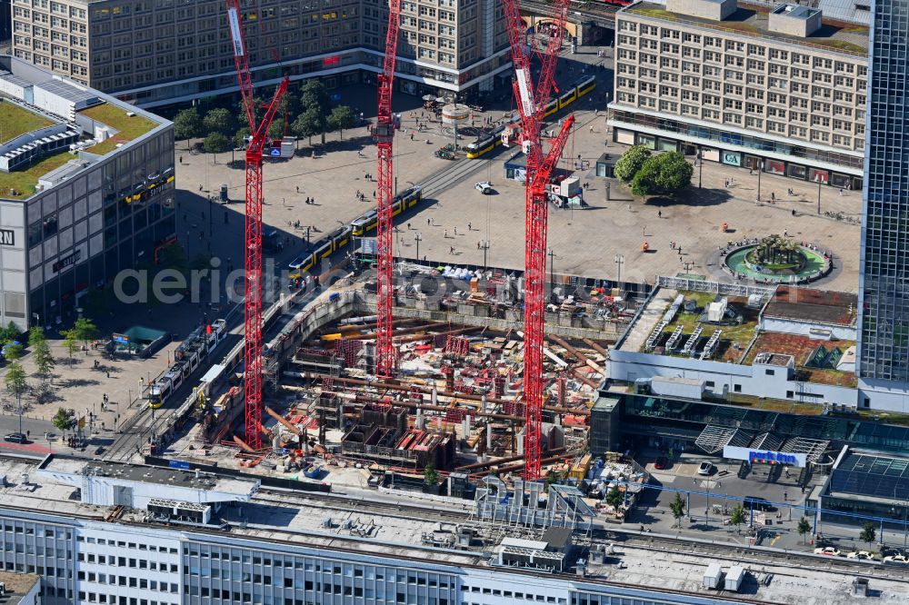 Berlin from the bird's eye view: Construction site for the new construction of the high-rise building complex ALX (also called twin towers) of the twin towers at Alexanderplatz on Alexanderstrasse in the Mitte district in Berlin, Germany