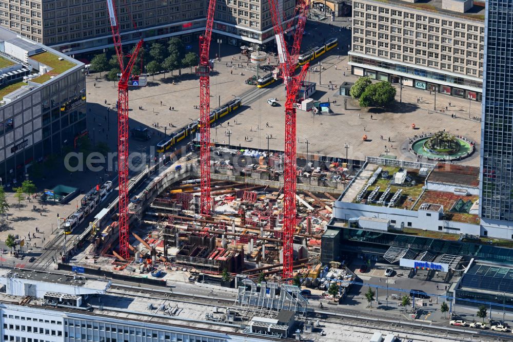 Aerial image Berlin - Construction site for the new construction of the high-rise building complex ALX (also called twin towers) of the twin towers at Alexanderplatz on Alexanderstrasse in the Mitte district in Berlin, Germany