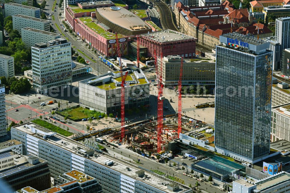 Berlin from above - Construction site for the new construction of the high-rise building complex ALX (also called twin towers) of the twin towers at Alexanderplatz on Alexanderstrasse in the Mitte district in Berlin, Germany