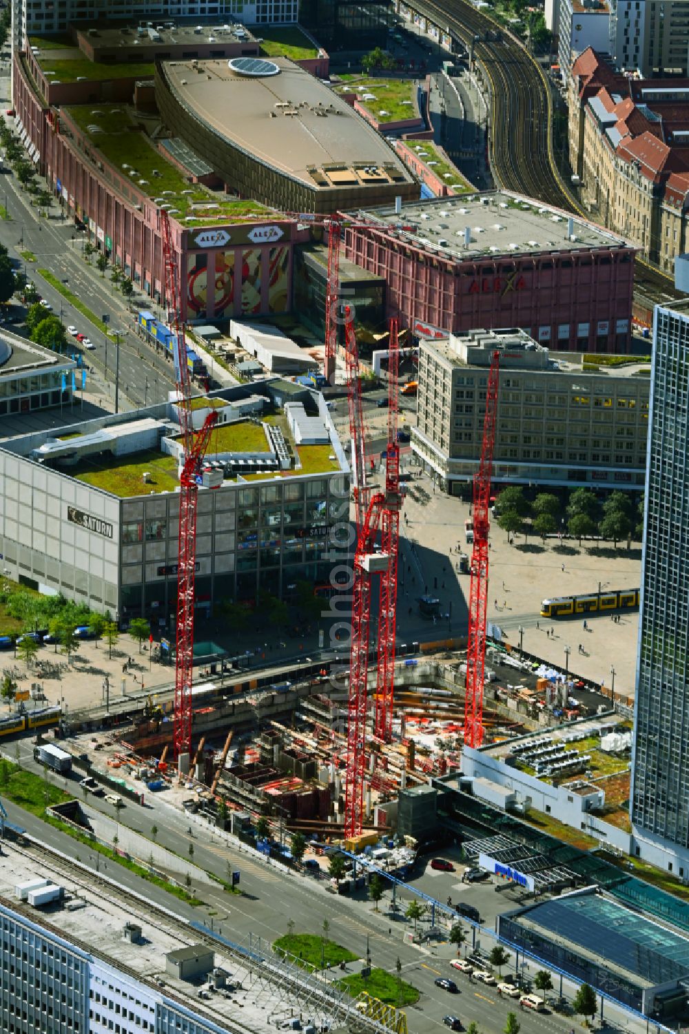 Berlin from the bird's eye view: Construction site for the new construction of the high-rise building complex ALX (also called twin towers) of the twin towers at Alexanderplatz on Alexanderstrasse in the Mitte district in Berlin, Germany