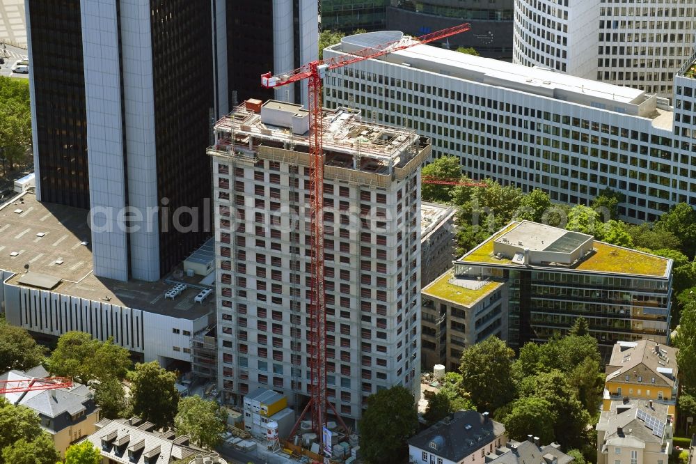 Frankfurt am Main from the bird's eye view: Construction site for new high-rise building complex Blue Horizon on Georg-Voigt-Strasse in Frankfurt in the state Hesse, Germany