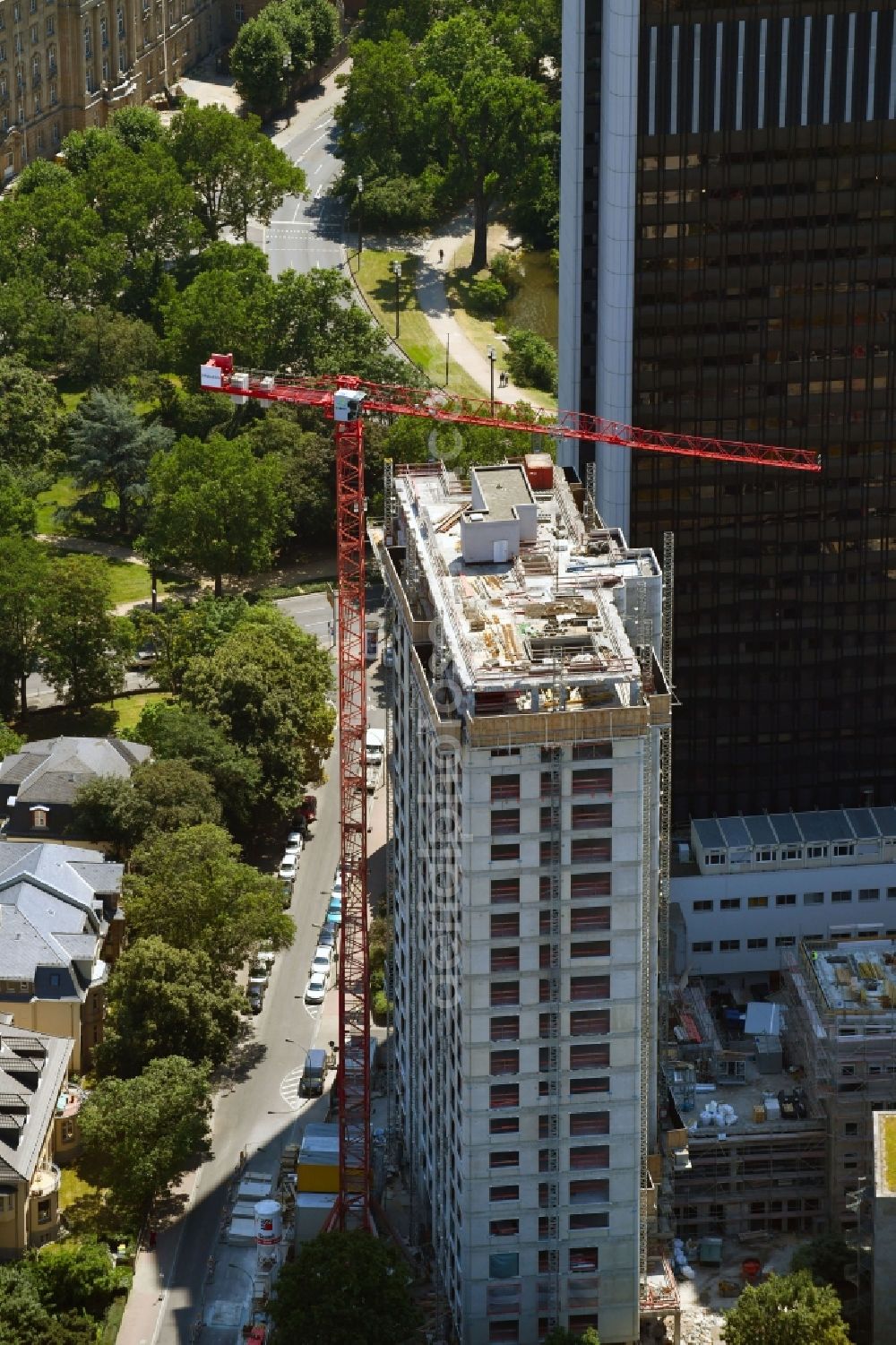 Frankfurt am Main from above - Construction site for new high-rise building complex Blue Horizon on Georg-Voigt-Strasse in Frankfurt in the state Hesse, Germany