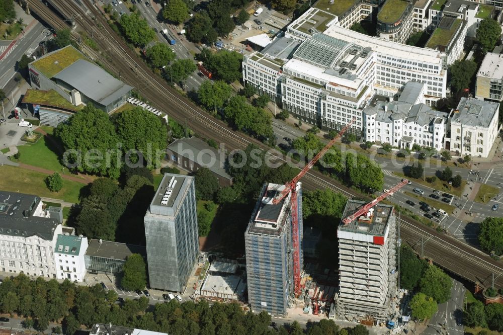 Aerial photograph Hamburg - Construction site for new high-rise building complex Esplace of Becken Development GmbH between Esplanade and Gustav-Mahler-Park in Hamburg