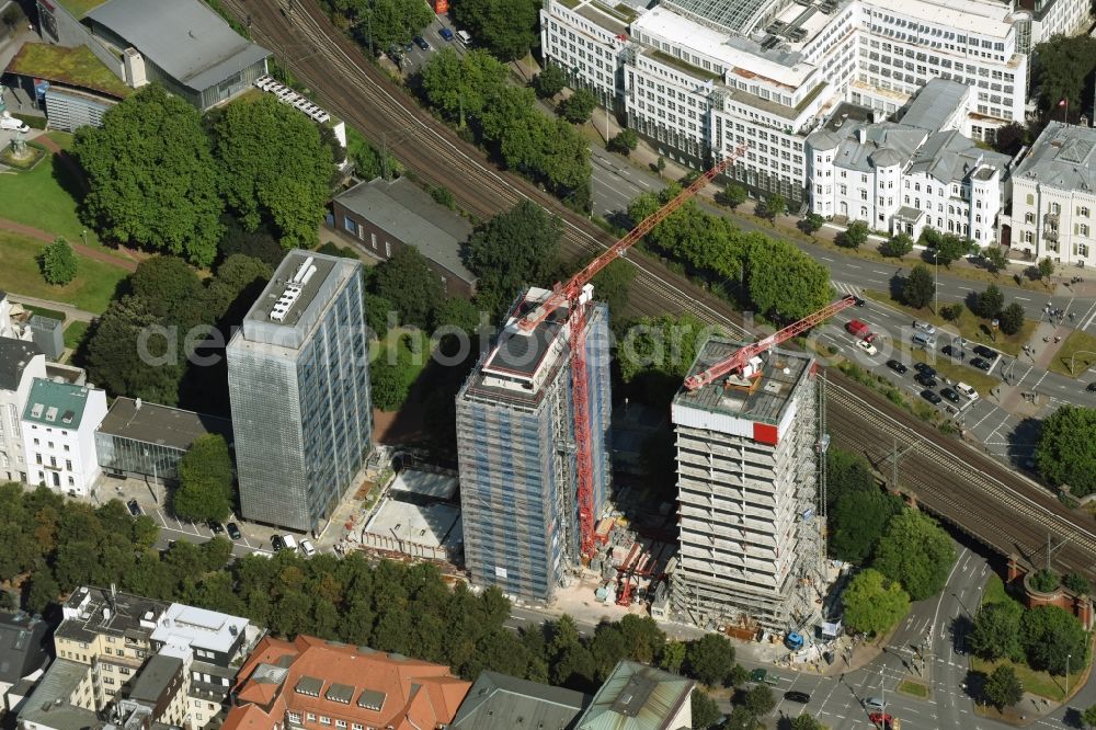 Hamburg from above - Construction site for new high-rise building complex Esplace of Becken Development GmbH between Esplanade and Gustav-Mahler-Park in Hamburg