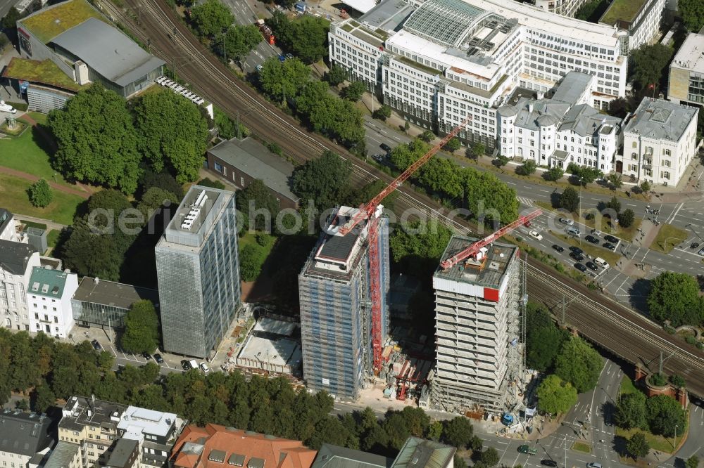 Hamburg from above - Construction site for new high-rise building complex Esplace of Becken Development GmbH between Esplanade and Gustav-Mahler-Park in Hamburg