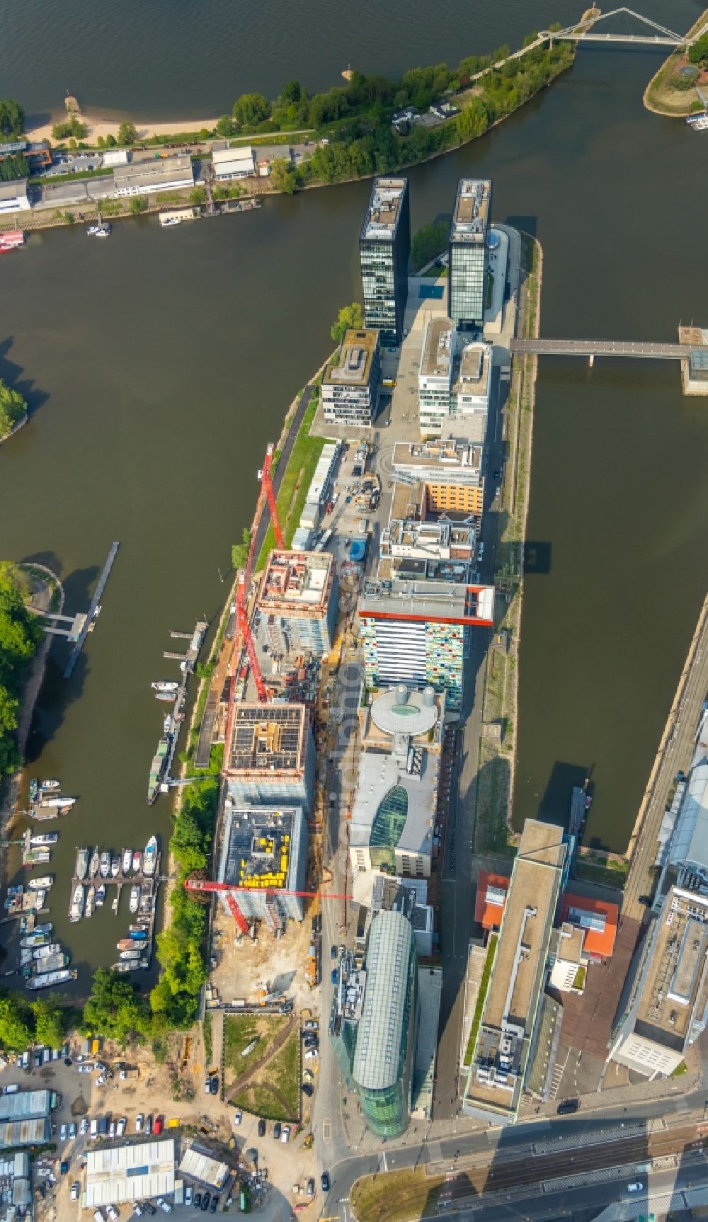 Aerial image Düsseldorf - Construction site for new high-rise building complex Duesseldorfer Heimathafen in of Speditionstrasse in Duesseldorf in the state North Rhine-Westphalia, Germany