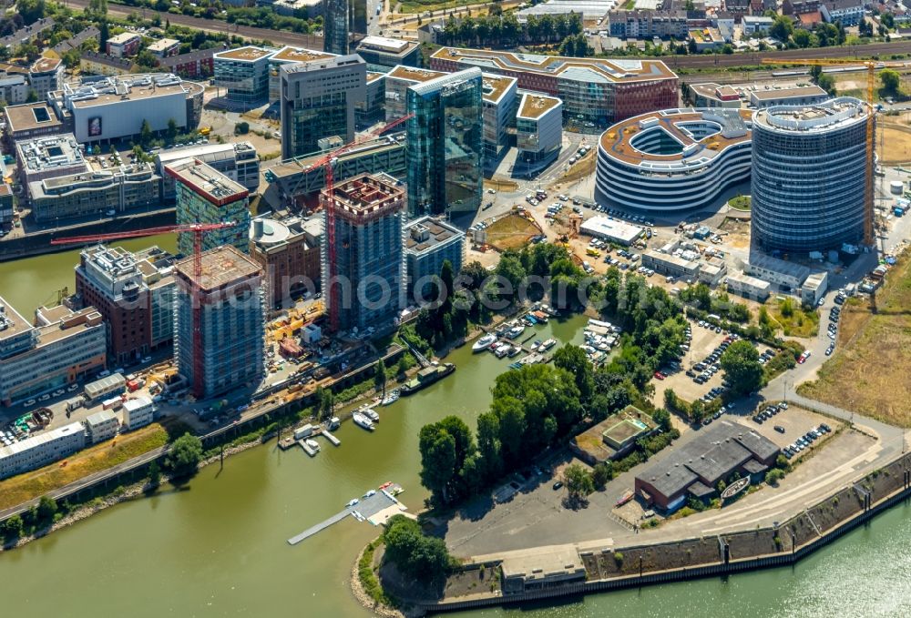 Düsseldorf from above - Construction site for new high-rise building complex Duesseldorfer Heimathafen in of Speditionstrasse in Duesseldorf in the state North Rhine-Westphalia, Germany