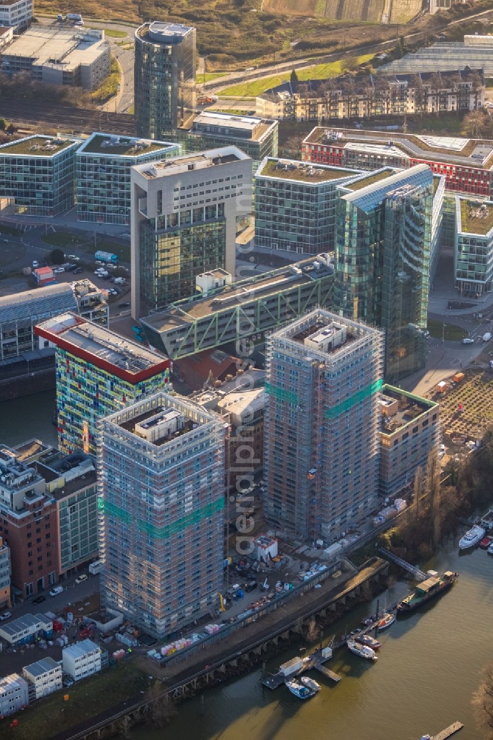 Aerial image Düsseldorf - Construction site for new high-rise building complex Duesseldorfer Heimathafen in of Speditionstrasse in Duesseldorf in the state North Rhine-Westphalia, Germany