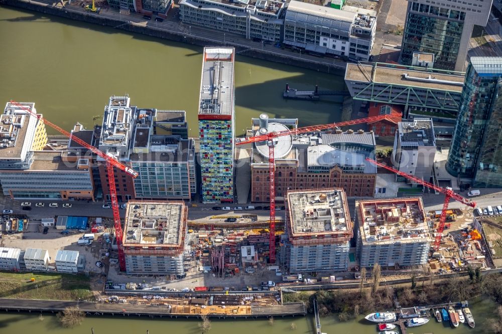 Aerial image Düsseldorf - Construction site for new high-rise building complex Duesseldorfer Heimathafen in of Speditionstrasse in Duesseldorf in the state North Rhine-Westphalia, Germany