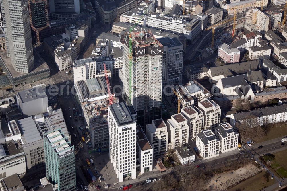 Frankfurt am Main from above - Construction site for new high-rise building complex on the former degussa site in Frankfurt in the state Hesse. The WINX building, the Riverside Tower, becomes an office tower