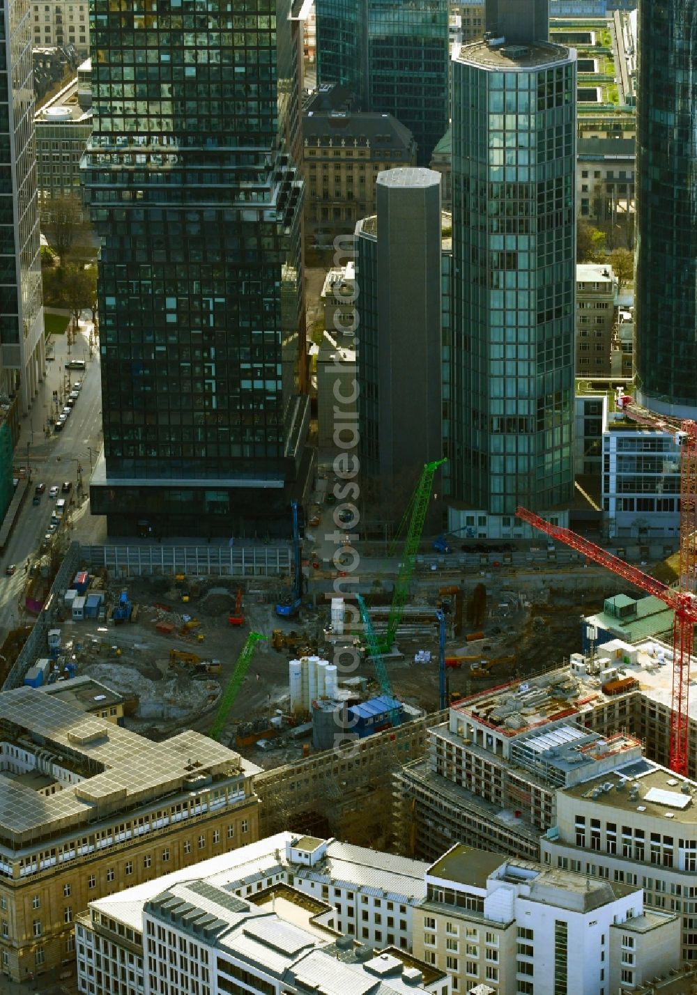 Frankfurt am Main from the bird's eye view: Construction site for new high-rise building complex FOUR on Junghofstrasse - Rossmarkt in the district Innenstadt in Frankfurt in the state Hesse, Germany