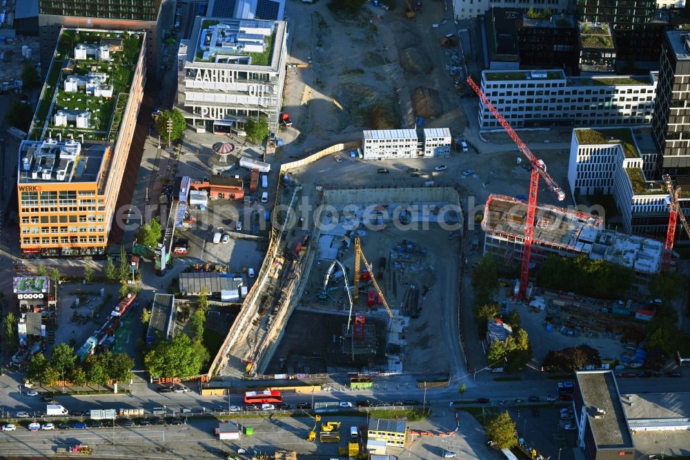 München from the bird's eye view: Construction site for new high-rise building complex on Friedentrasse in Werksviertel in the district Berg am Laim in Munich in the state Bavaria, Germany