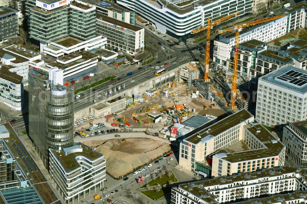 Stuttgart from the bird's eye view: Construction site for new high-rise building complex on Heilbronner Strasse in the district Europaviertel in Stuttgart in the state Baden-Wuerttemberg, Germany