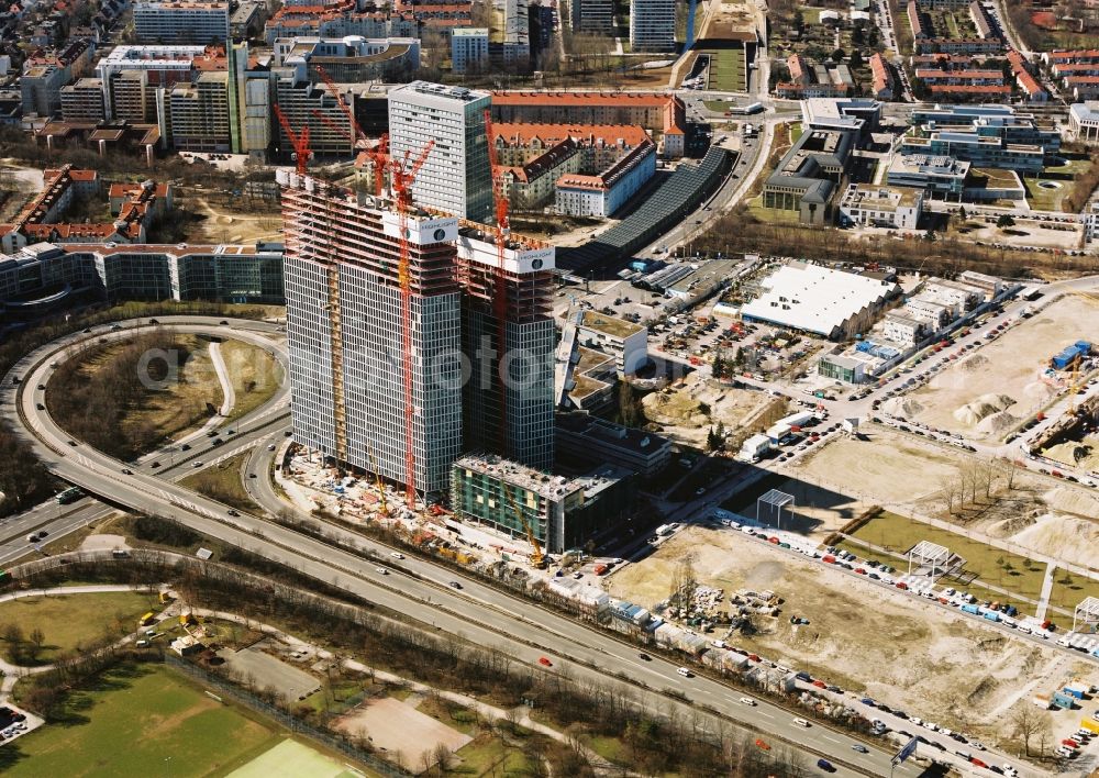 München from above - Construction site for new high-rise building complex HighLight Towers on corner Mies-van-der-Rohe- und Walter-Gropius-Strasse in the district Schwabing-Freimann in Munich in the state Bavaria, Germany