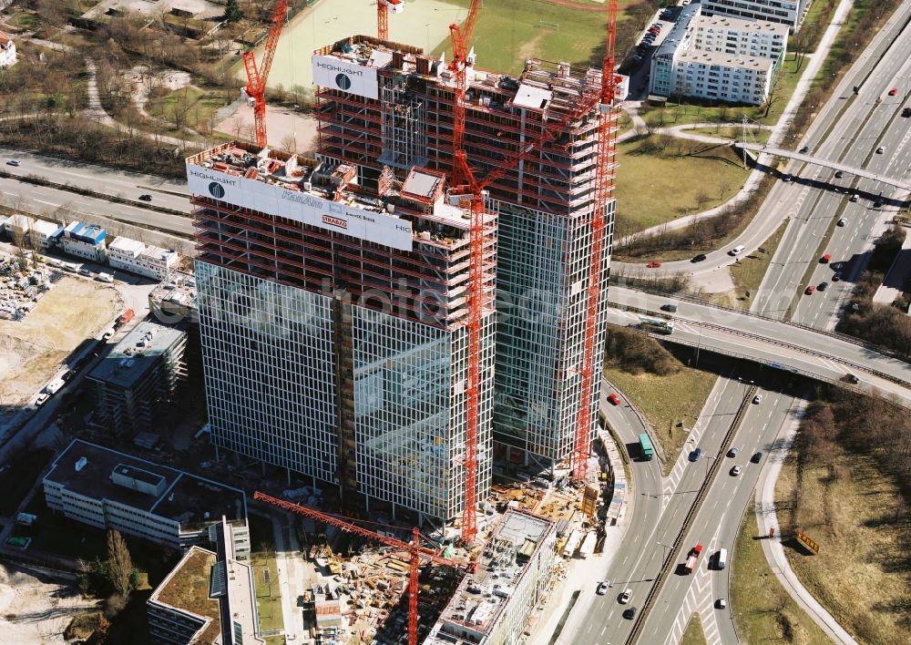 Aerial image München - Construction site for new high-rise building complex HighLight Towers on corner Mies-van-der-Rohe- und Walter-Gropius-Strasse in the district Schwabing-Freimann in Munich in the state Bavaria, Germany