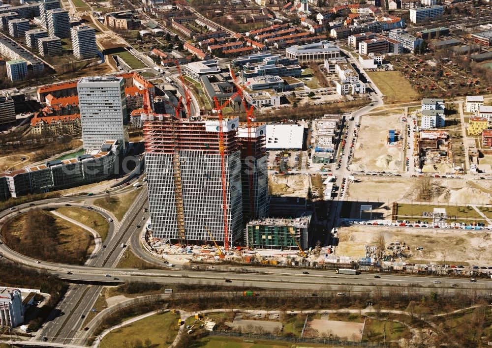 Aerial photograph München - Construction site for new high-rise building complex HighLight Towers on corner Mies-van-der-Rohe- und Walter-Gropius-Strasse in the district Schwabing-Freimann in Munich in the state Bavaria, Germany