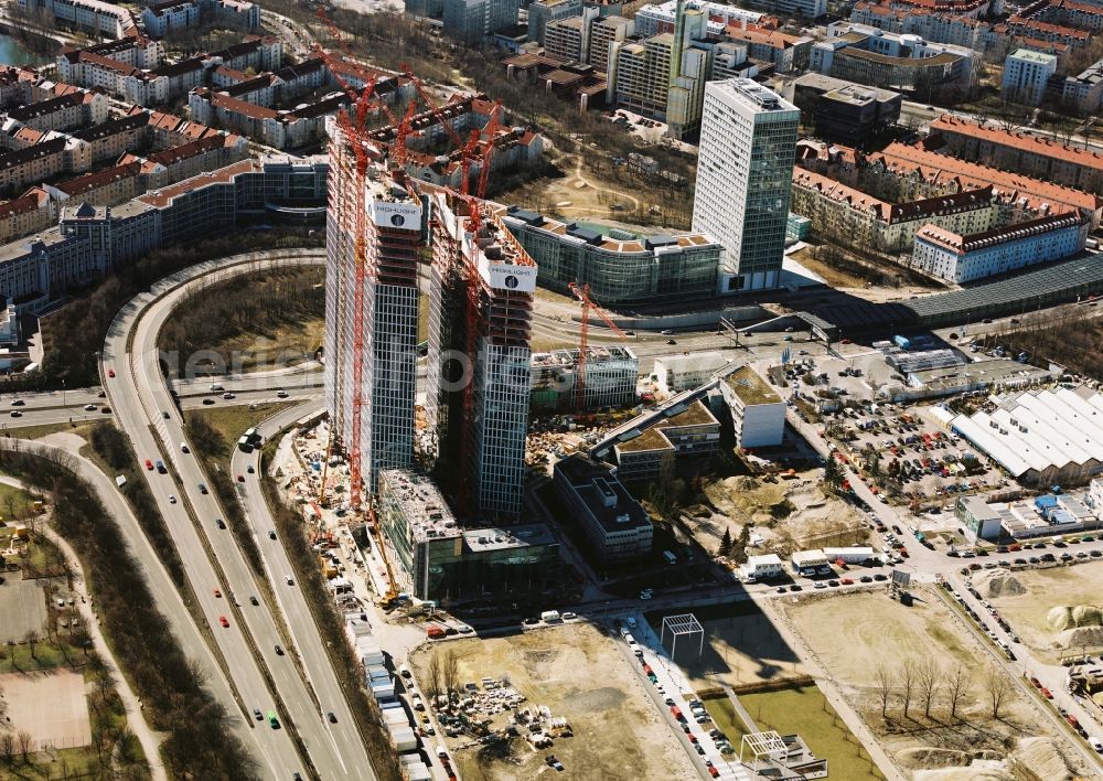 München from above - Construction site for new high-rise building complex HighLight Towers on corner Mies-van-der-Rohe- und Walter-Gropius-Strasse in the district Schwabing-Freimann in Munich in the state Bavaria, Germany