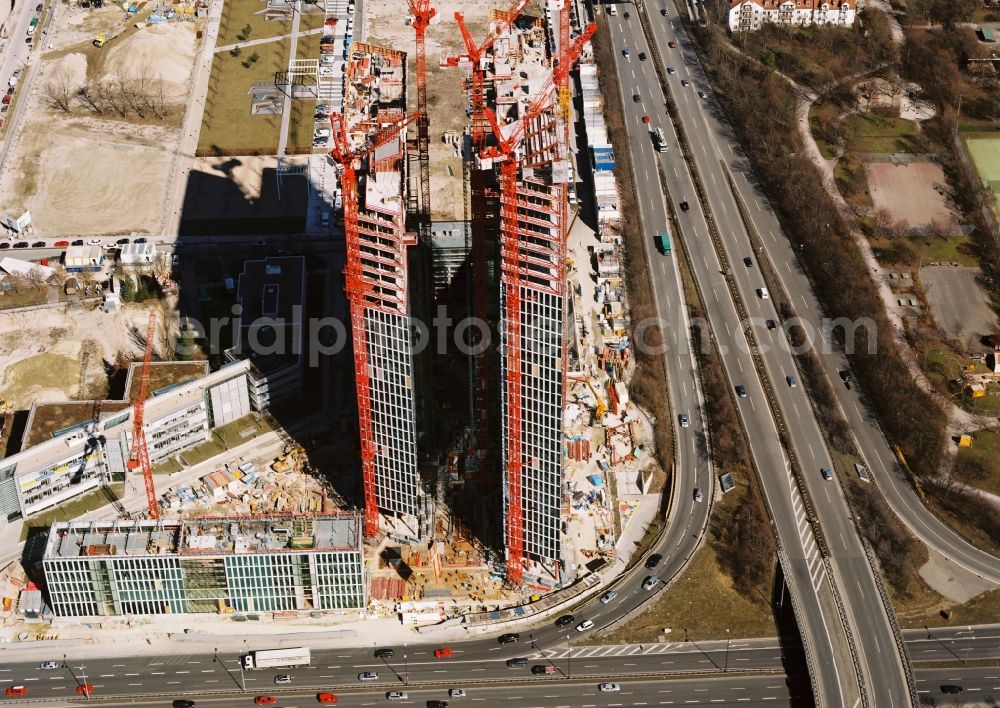 München from the bird's eye view: Construction site for new high-rise building complex HighLight Towers on corner Mies-van-der-Rohe- und Walter-Gropius-Strasse in the district Schwabing-Freimann in Munich in the state Bavaria, Germany