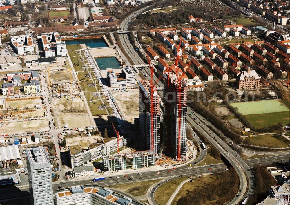 Aerial image München - Construction site for new high-rise building complex HighLight Towers on corner Mies-van-der-Rohe- und Walter-Gropius-Strasse in the district Schwabing-Freimann in Munich in the state Bavaria, Germany