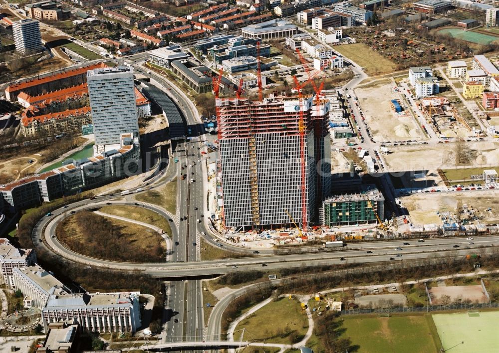 Aerial photograph München - Construction site for new high-rise building complex HighLight Towers on corner Mies-van-der-Rohe- und Walter-Gropius-Strasse in the district Schwabing-Freimann in Munich in the state Bavaria, Germany