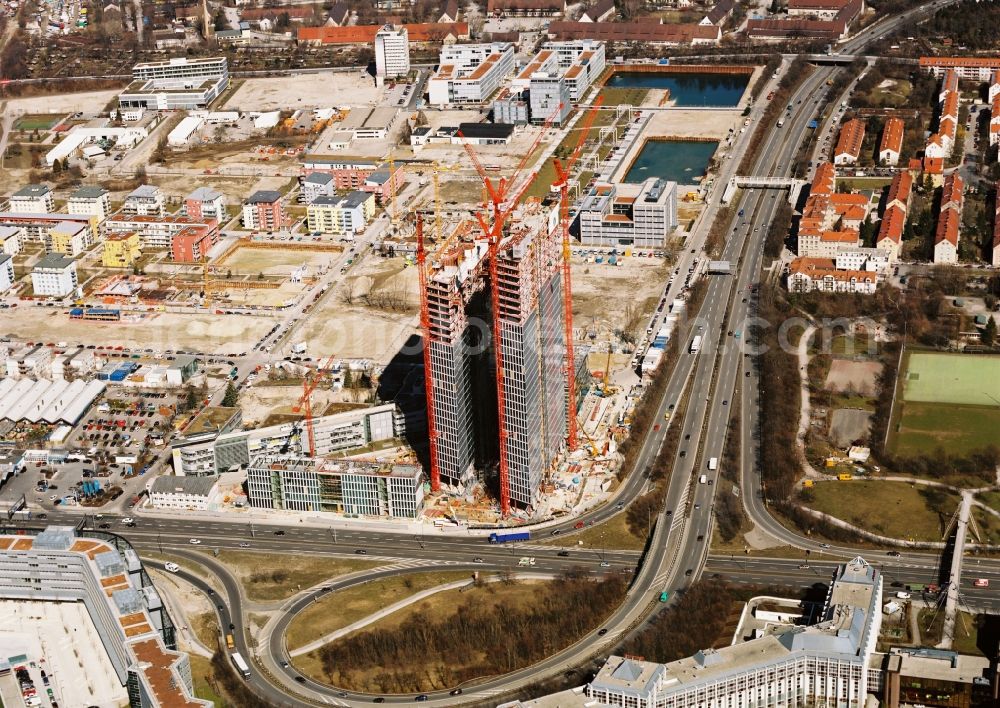 München from above - Construction site for new high-rise building complex HighLight Towers on corner Mies-van-der-Rohe- und Walter-Gropius-Strasse in the district Schwabing-Freimann in Munich in the state Bavaria, Germany